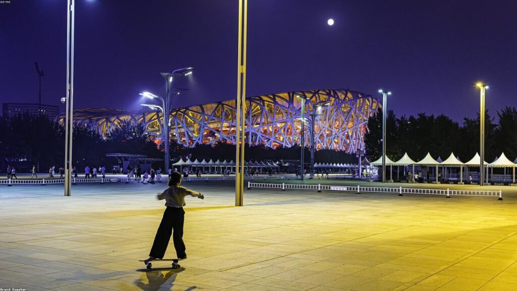 Illuminated palace courtyard in Beijing after dark