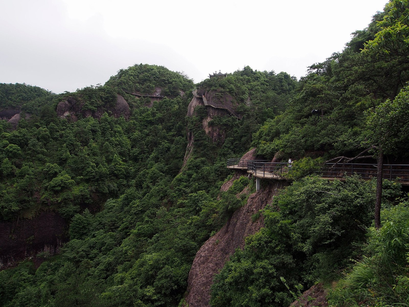 The cliff walkway at Shenxianju scenic area in Xianju, Zhejiang, bolted to the rock face above the valley