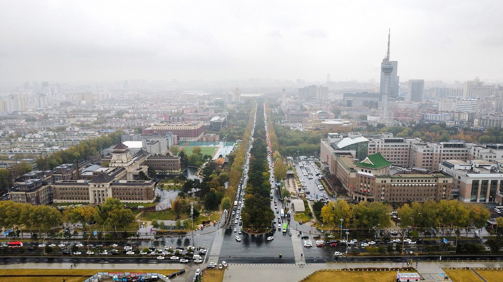 An aerial view south along Xinmin Avenue in Changchun, a historic boulevard