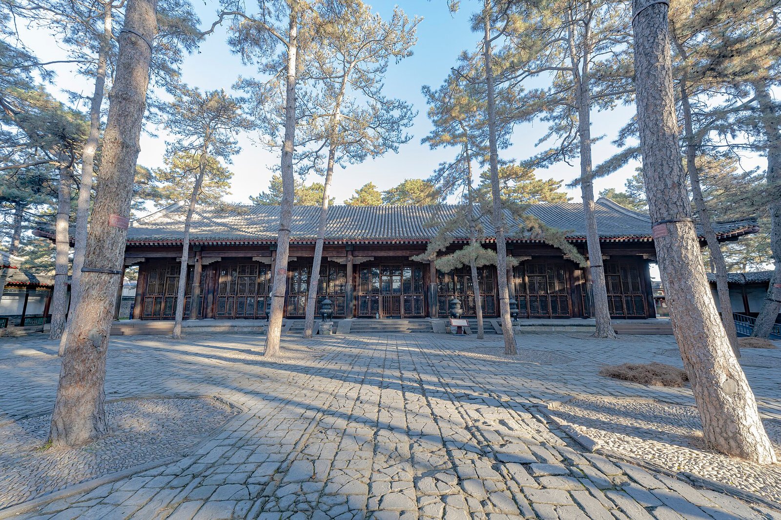 The long timber throne hall of Danbo Jingcheng in the palace zone at Chengde, shaded by tall pines