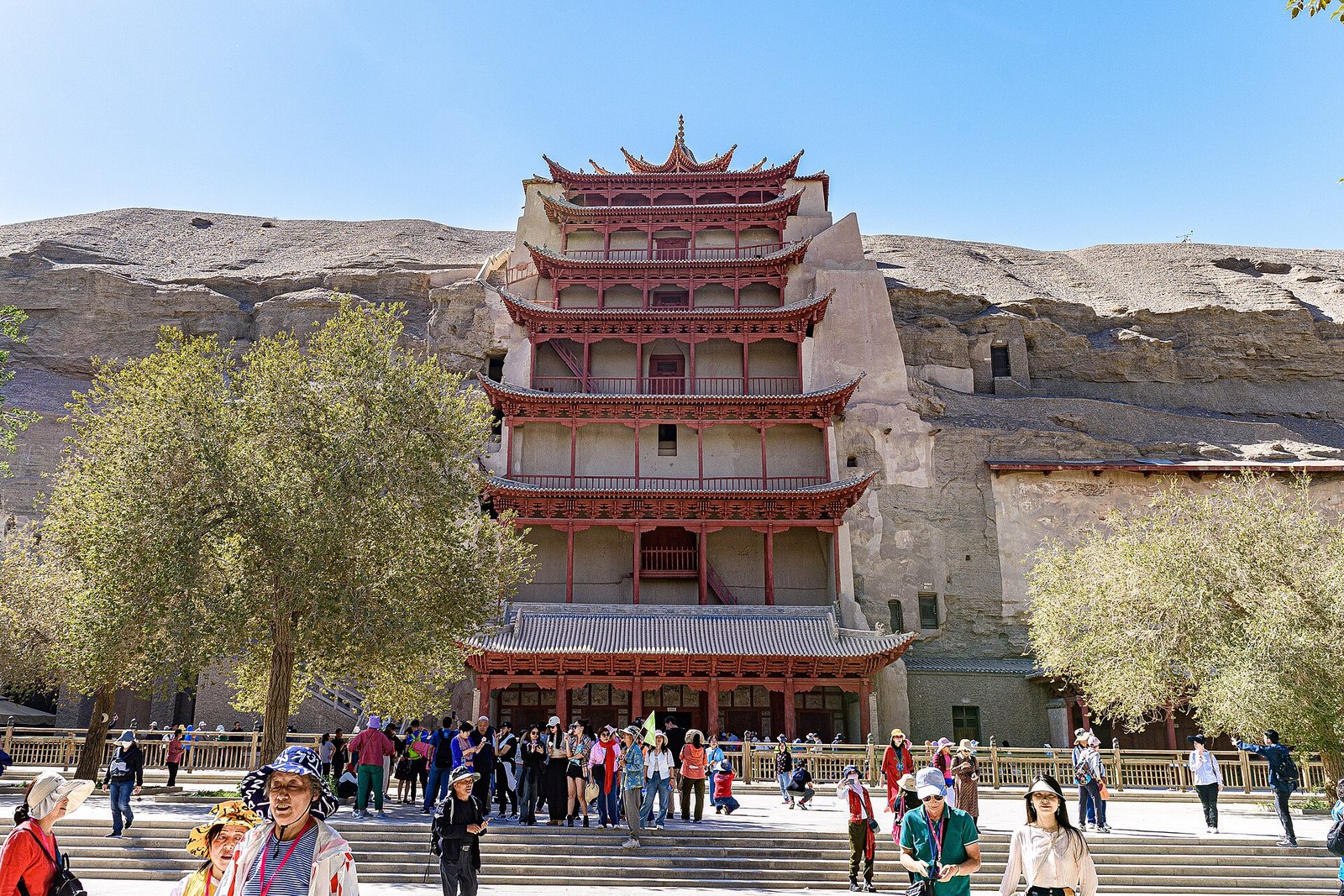 The nine-storey wooden facade of Cave 96 at the Mogao Caves near Dunhuang