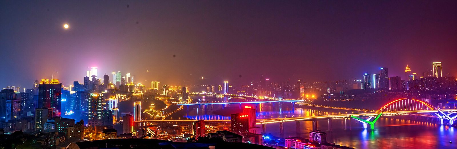 Panorama of the Chongqing peninsula at night, taken from Eling Park