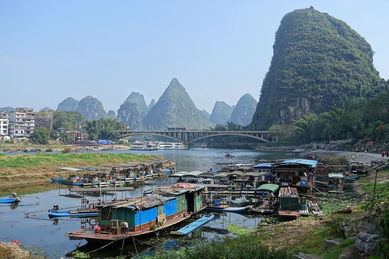 Limestone karst peaks reflected in the Li River near Yangshuo, Guangxi