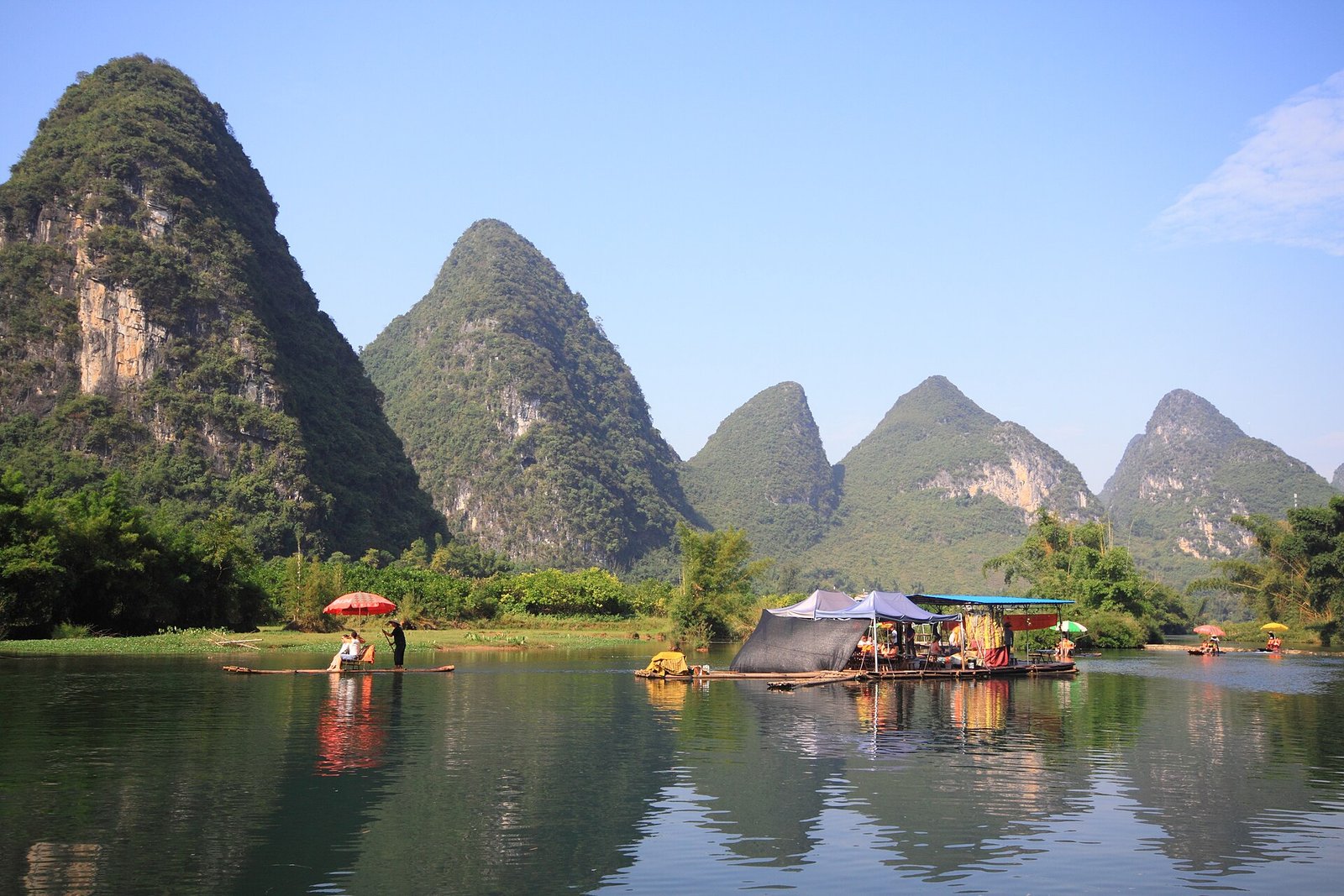 The Yulong River near Yangshuo, with karst peaks reflected in the still water