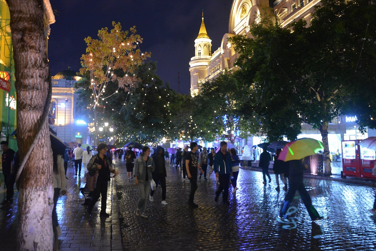 Central Street in Harbin lit up at night, with European-style facades and crowds of pedestrians