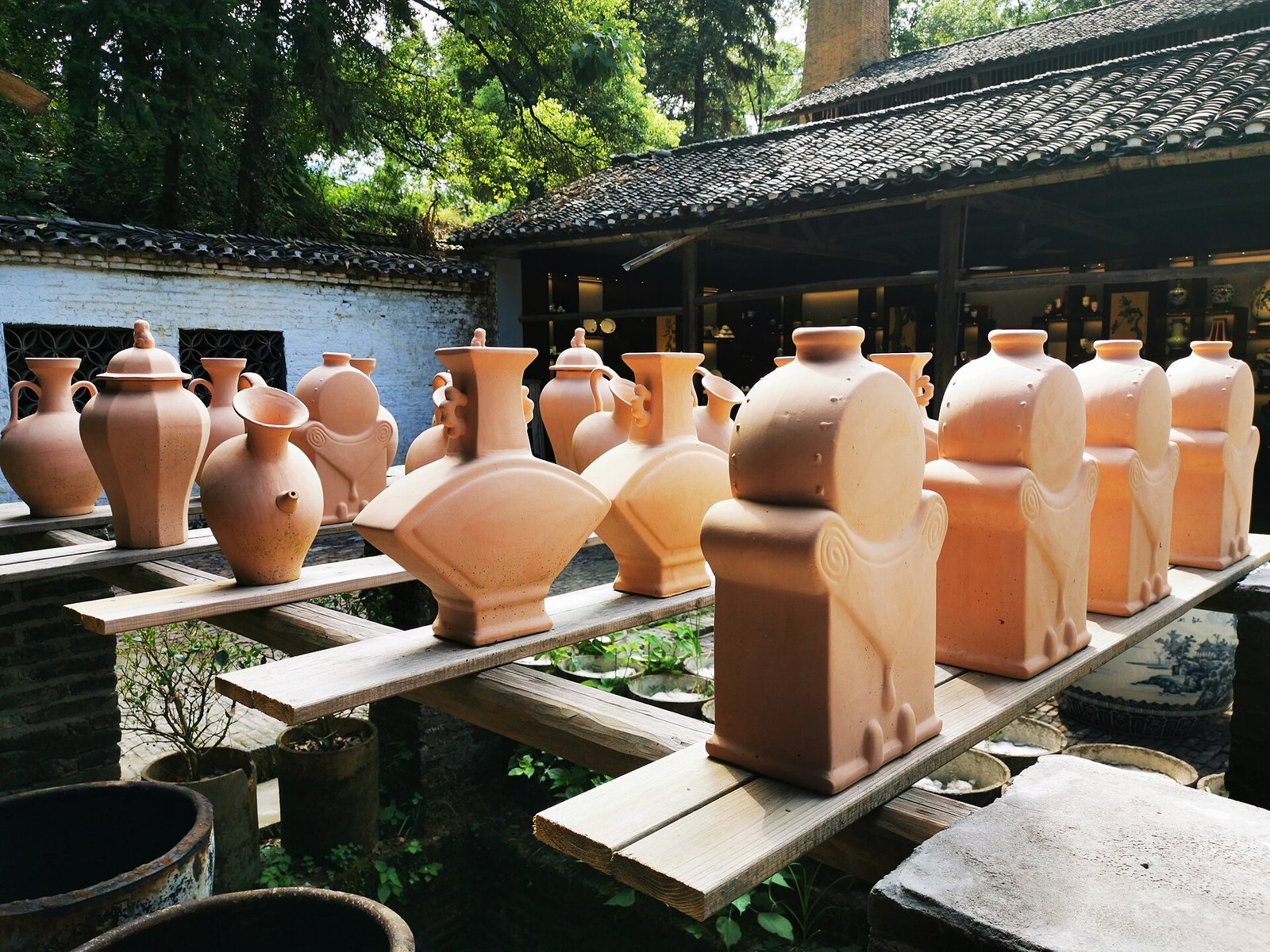 Rows of unglazed ceramic vessels drying on boards in a workshop yard in Jingdezhen