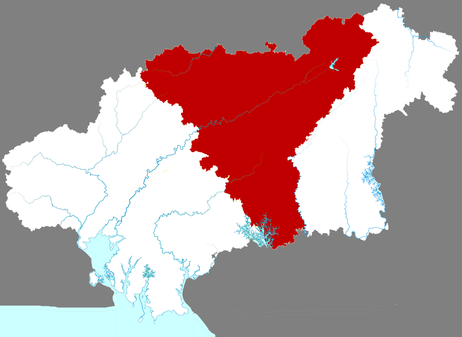 A locator map of Qinzhou prefecture in Guangxi with Lingshan County highlighted in red