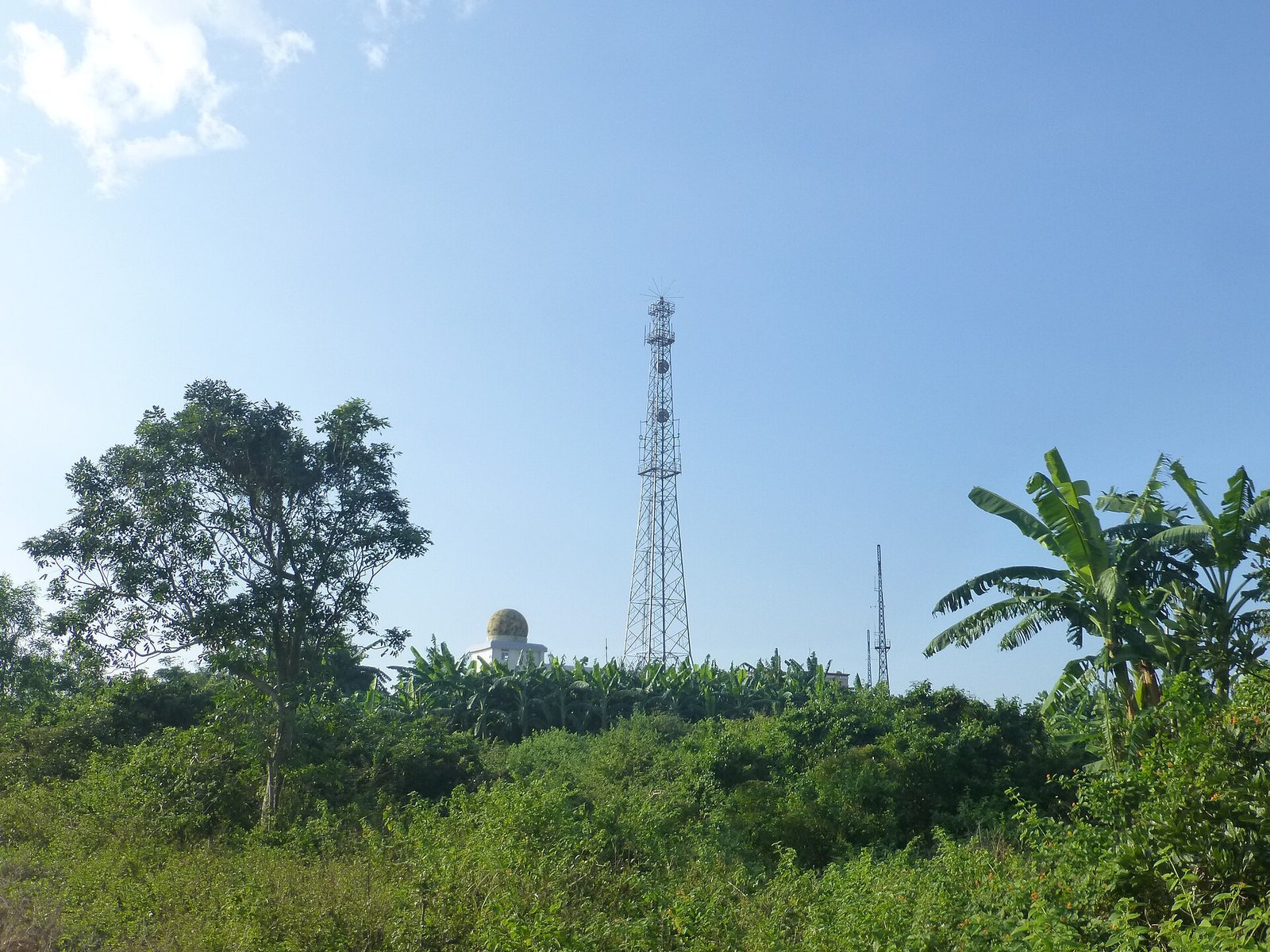 A stone lighthouse partly hidden behind dense green trees and banana plants, with a tall steel communications mast in front of it