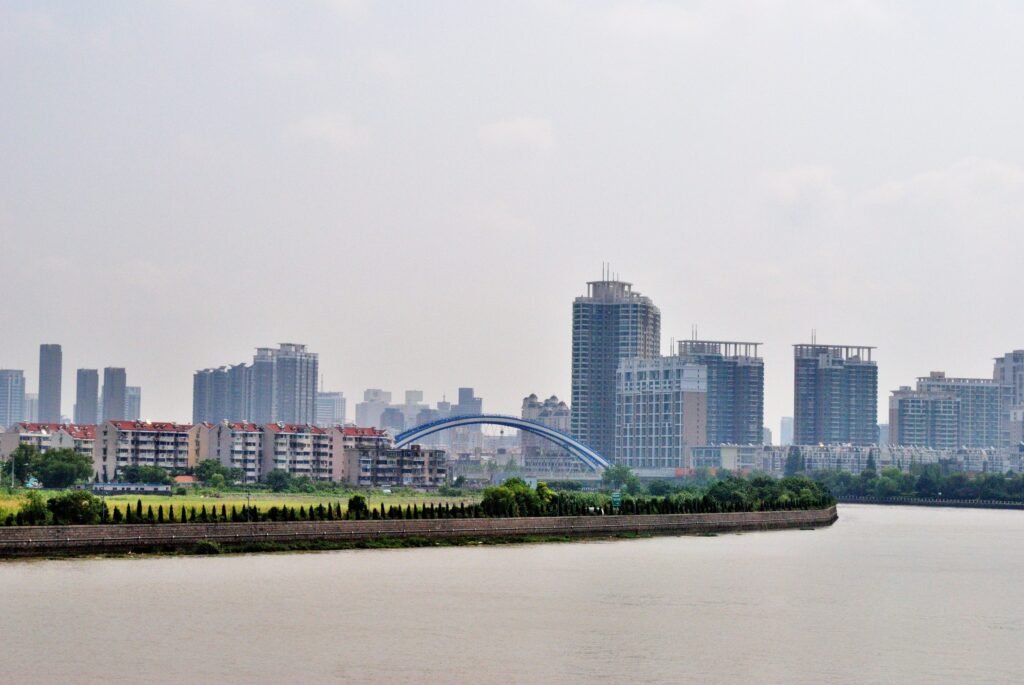 The Ningbo skyline seen from Changfeng Bridge, with the rivers of Sanjiangkou meeting below