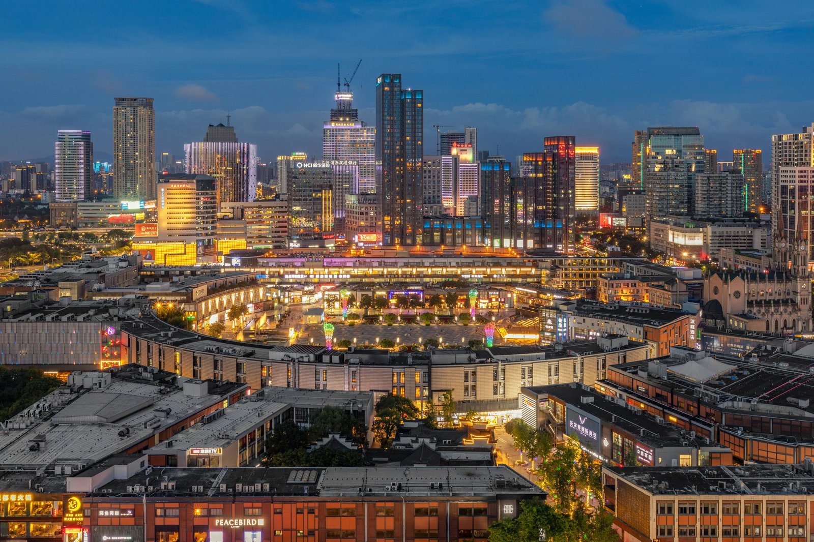 Tianyi Square in downtown Ningbo, the city's main shopping plaza, with surrounding towers