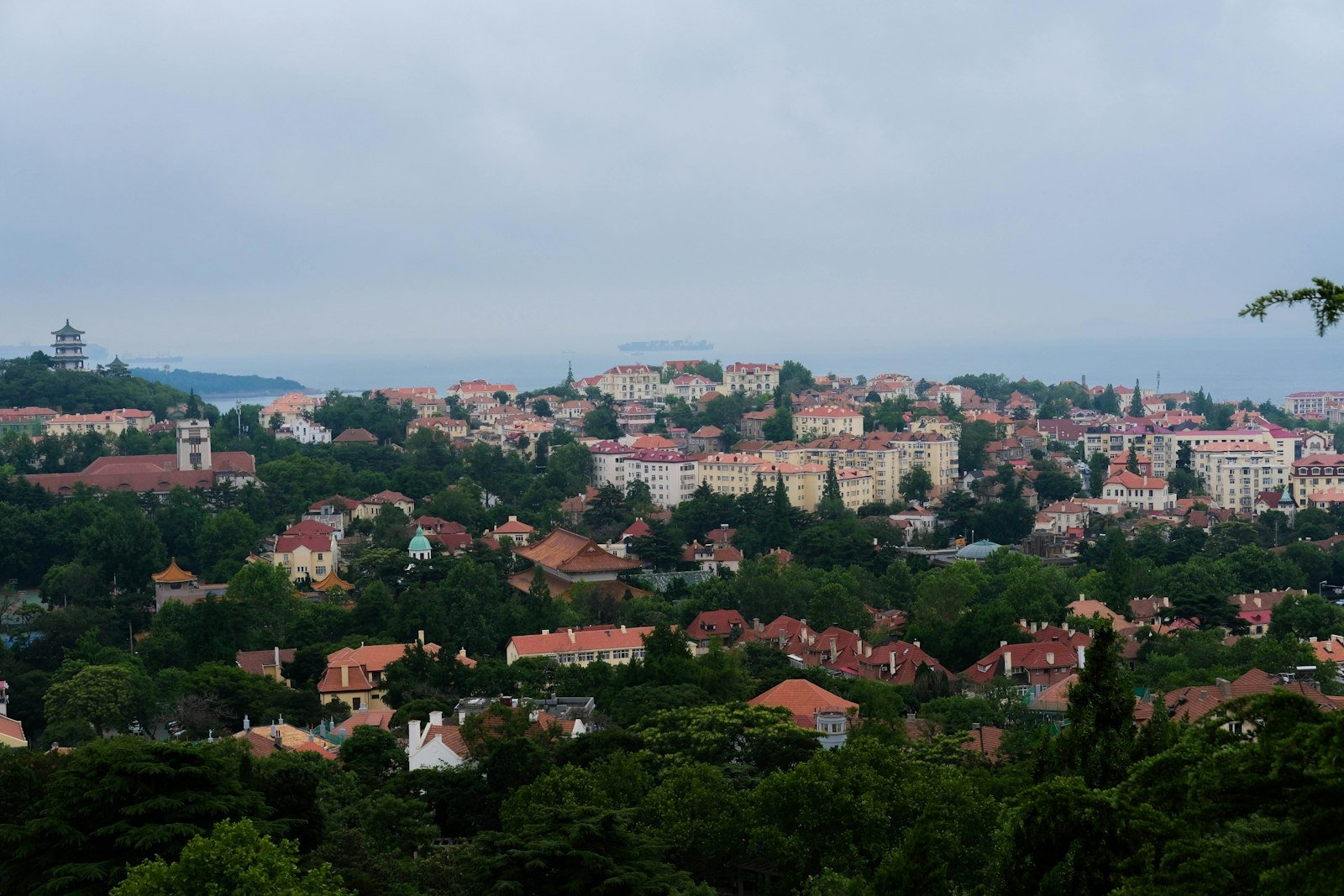 A hillside view over Qingdao's old town, with red-tiled roofs, green trees and the sea beyond