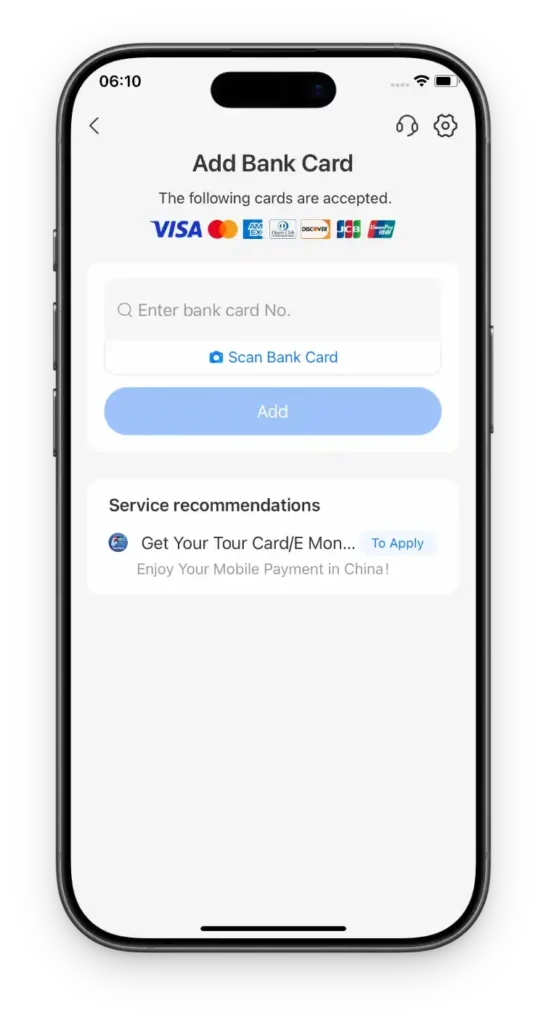 Alipay Add Bank Card screen listing the accepted international card networks: Visa, Mastercard, JCB, Discover and UnionPay