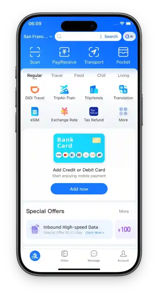 Alipay home screen with the Bank Card tile used to add an international credit or debit card