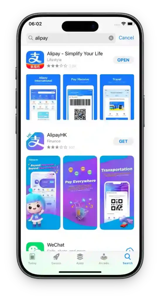 Alipay app listing page showing screenshots of QR code payment and Pay with QR in China