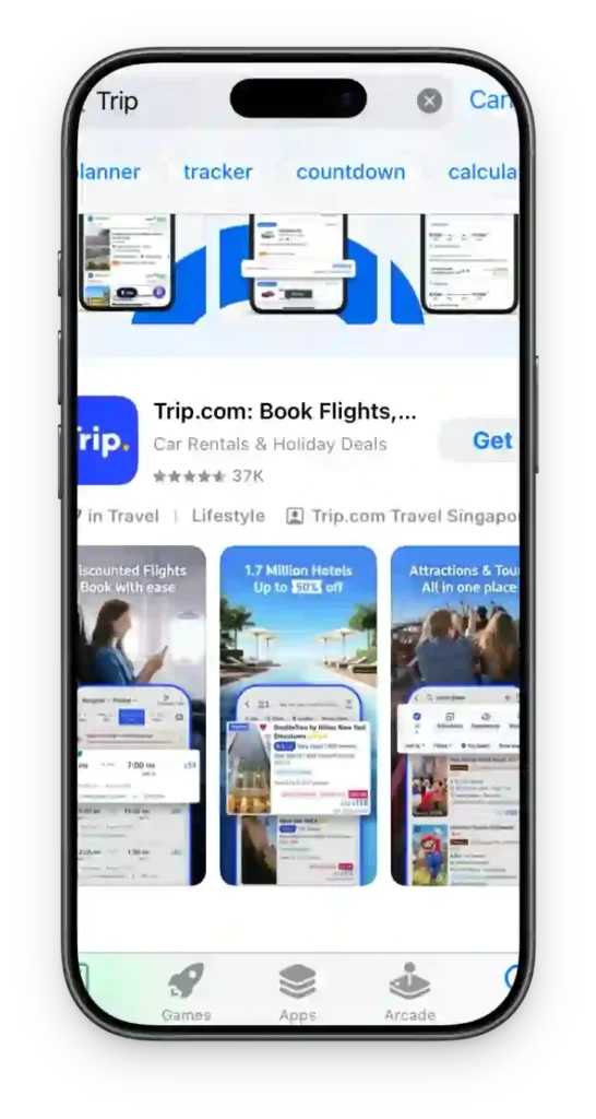 Trip.com app listing page for booking flights, hotels and high-speed rail tickets in China