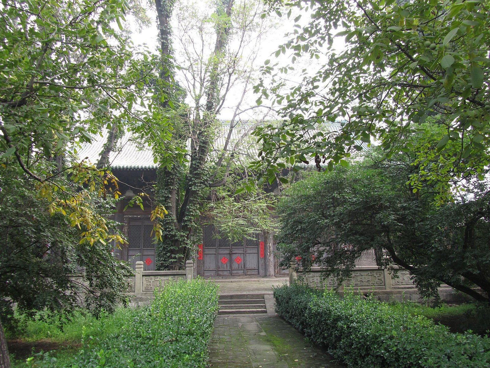 A wide single-storey timber hall with a tiled hip roof and a stone terrace, framed by old trees