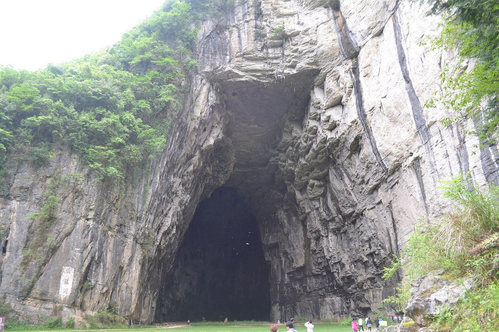 The vast arched entrance of Tenglong Cave in Lichuan, Hubei, with vegetation hanging over the rim