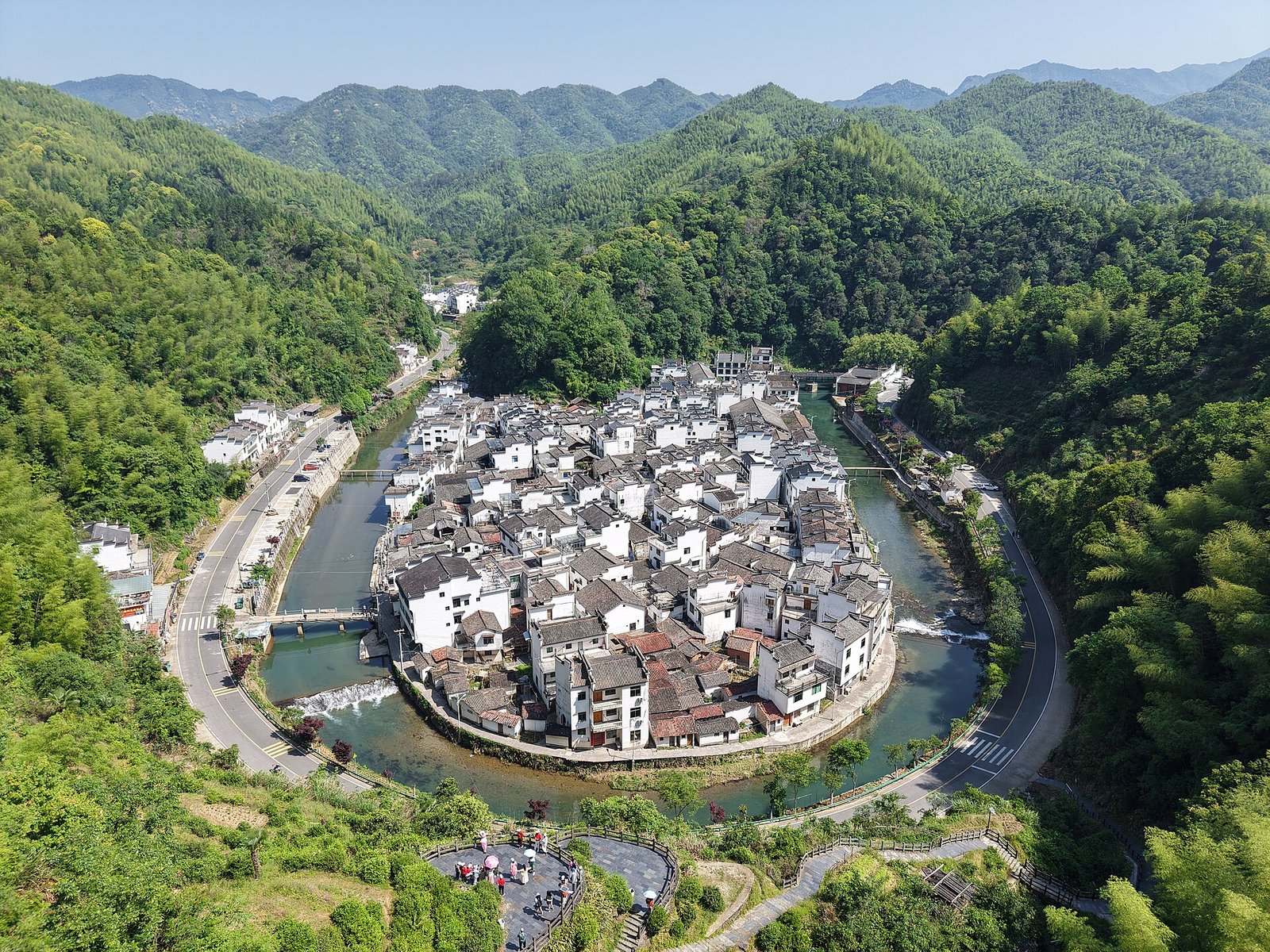 An aerial view of Jujing, a village built inside a near-complete loop of the river in Wuyuan