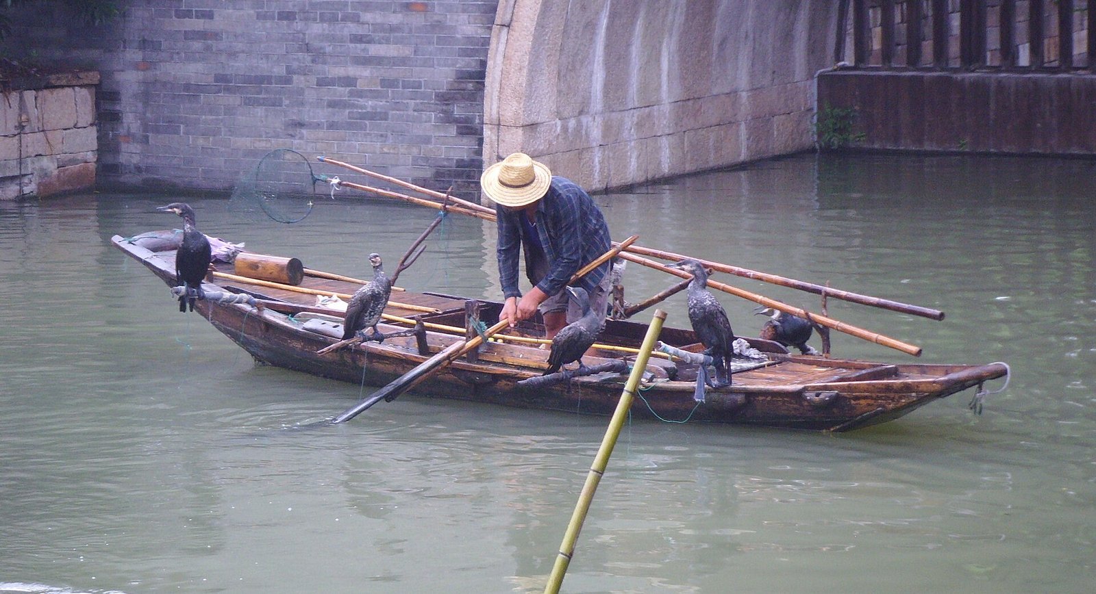 A boatman sculling a wooden sampan along a green canal in Wuzhen, passing under a low stone bridge