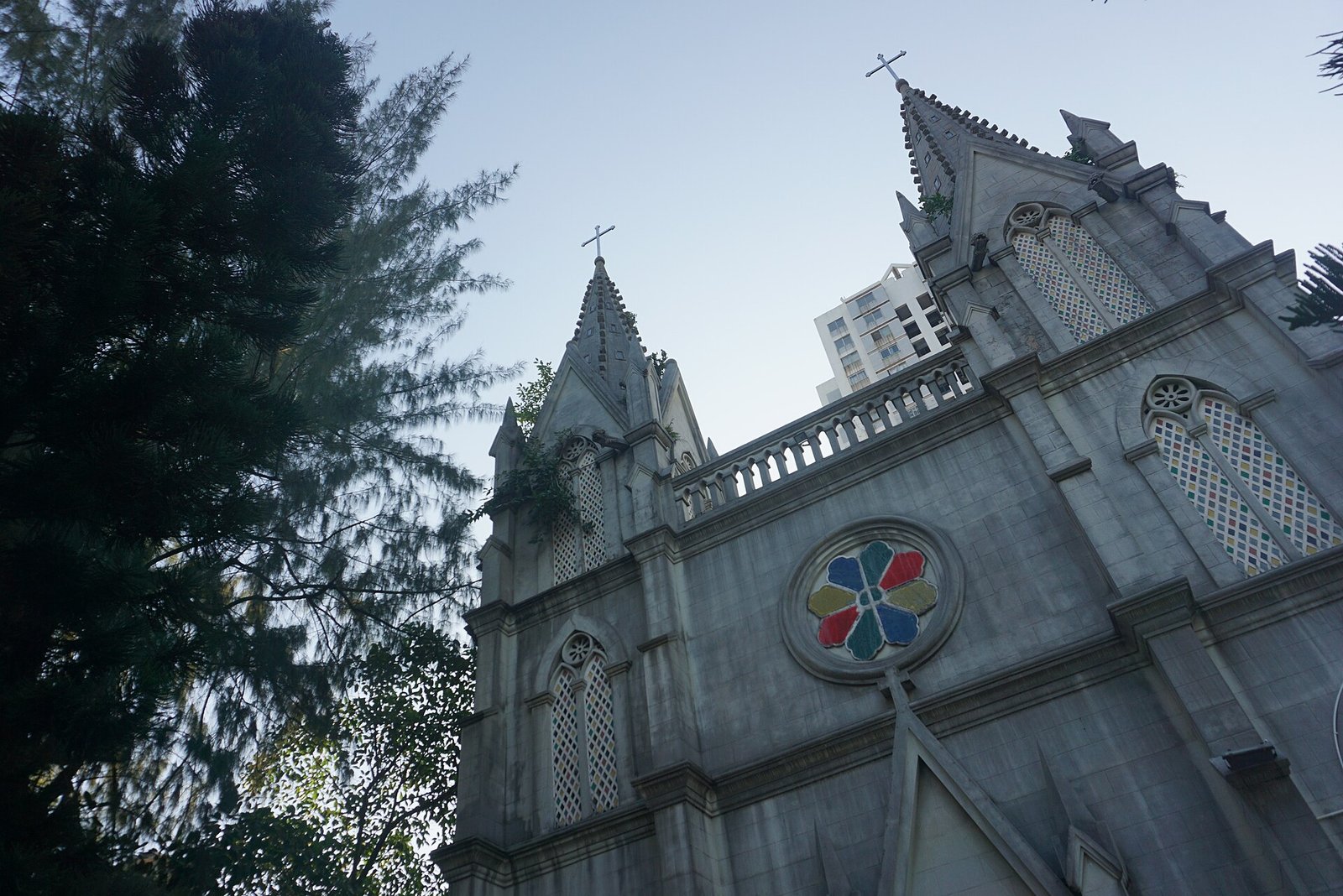 A grey stone Gothic revival cathedral with twin spires and a rose window, seen from below, with a modern residential tower visible behind the roofline