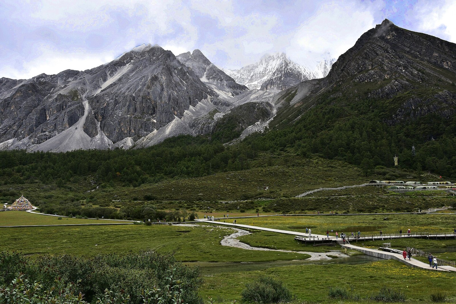 The flat grassland of Luorong Pasture at Yading with snow mountains standing behind it