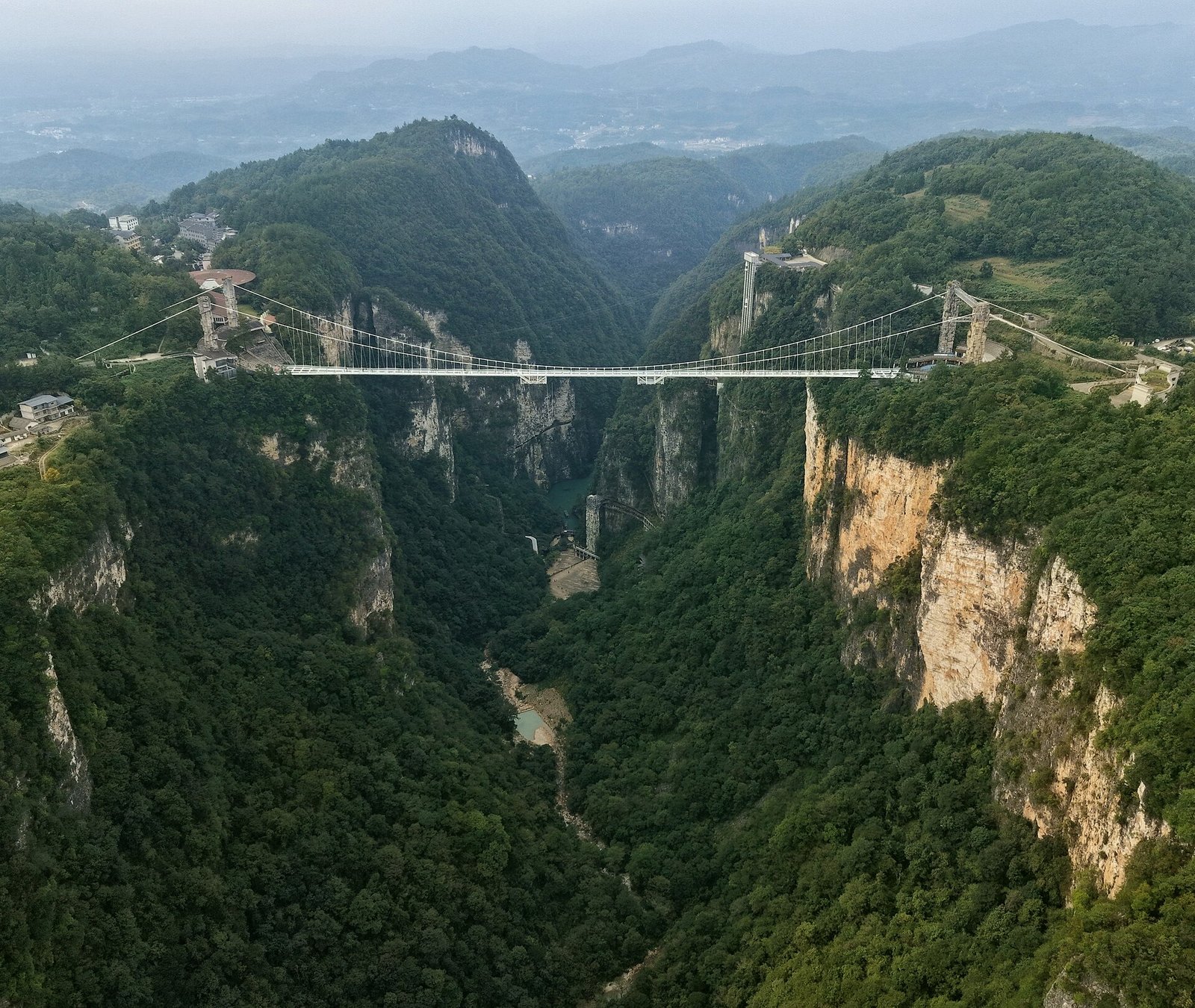 The Zhangjiajie Grand Canyon Glass Bridge spanning a green gorge
