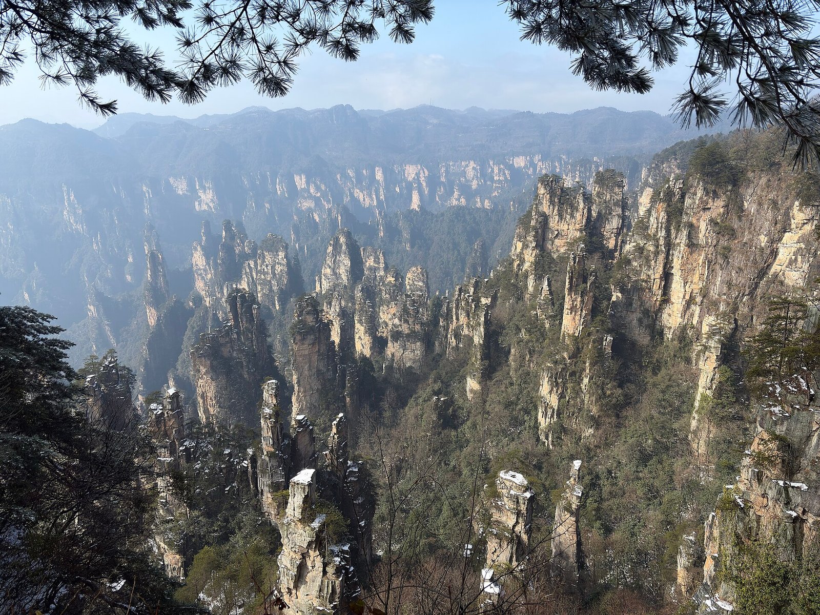 Sandstone pillars seen from a viewpoint on Tianzi Mountain in Zhangjiajie