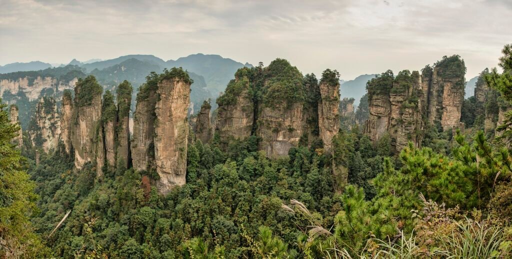 The quartz-sandstone pillars of Wulingyuan near Zhangjiajie, Hunan, in mist